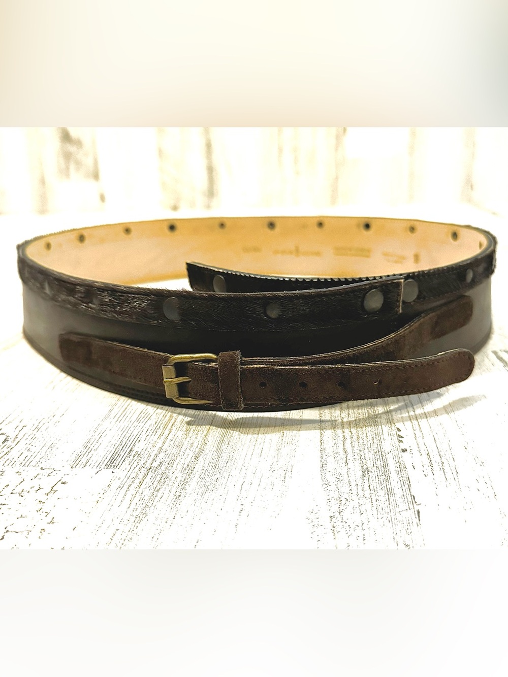 Unjour Ailleurs Leather Wide Cinch Choc Brown Calf Hair Studded Belt France